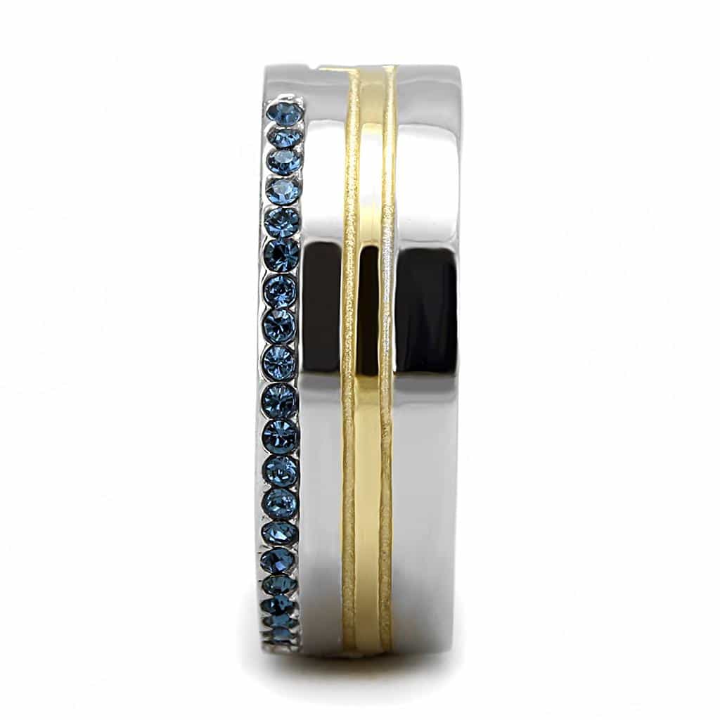 Stainless Steel Two-Tone Gold Silver Blue CZ Channel Ring view 8