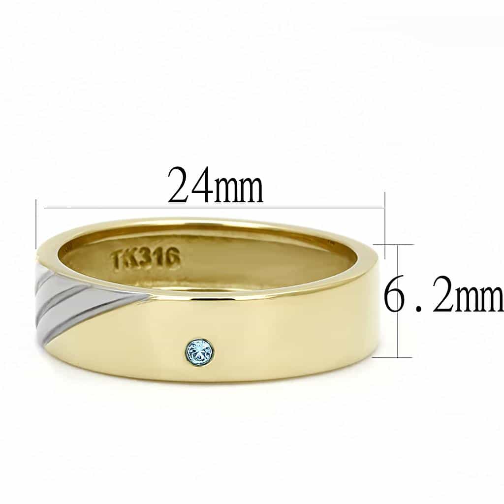 Stainless Steel Gold IP Aquamarine CZ Bezel Polished Satin Ring view 4