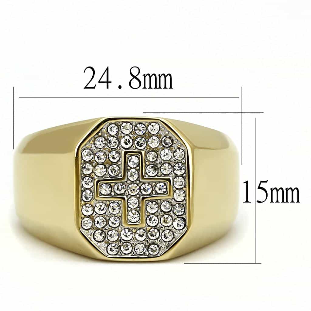 Stainless Steel Gold IP CZ Pave Greek Key Octagon Mens Ring view 4