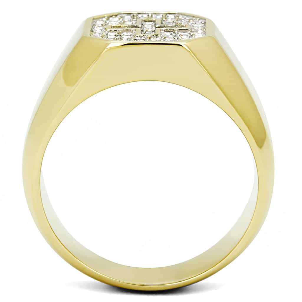 Stainless Steel Gold IP CZ Pave Greek Key Octagon Mens Ring view 6