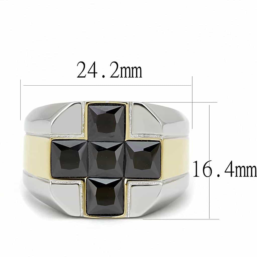 Stainless Steel Two-Tone Gold Black Onyx Princess Cross Mens Ring view 4