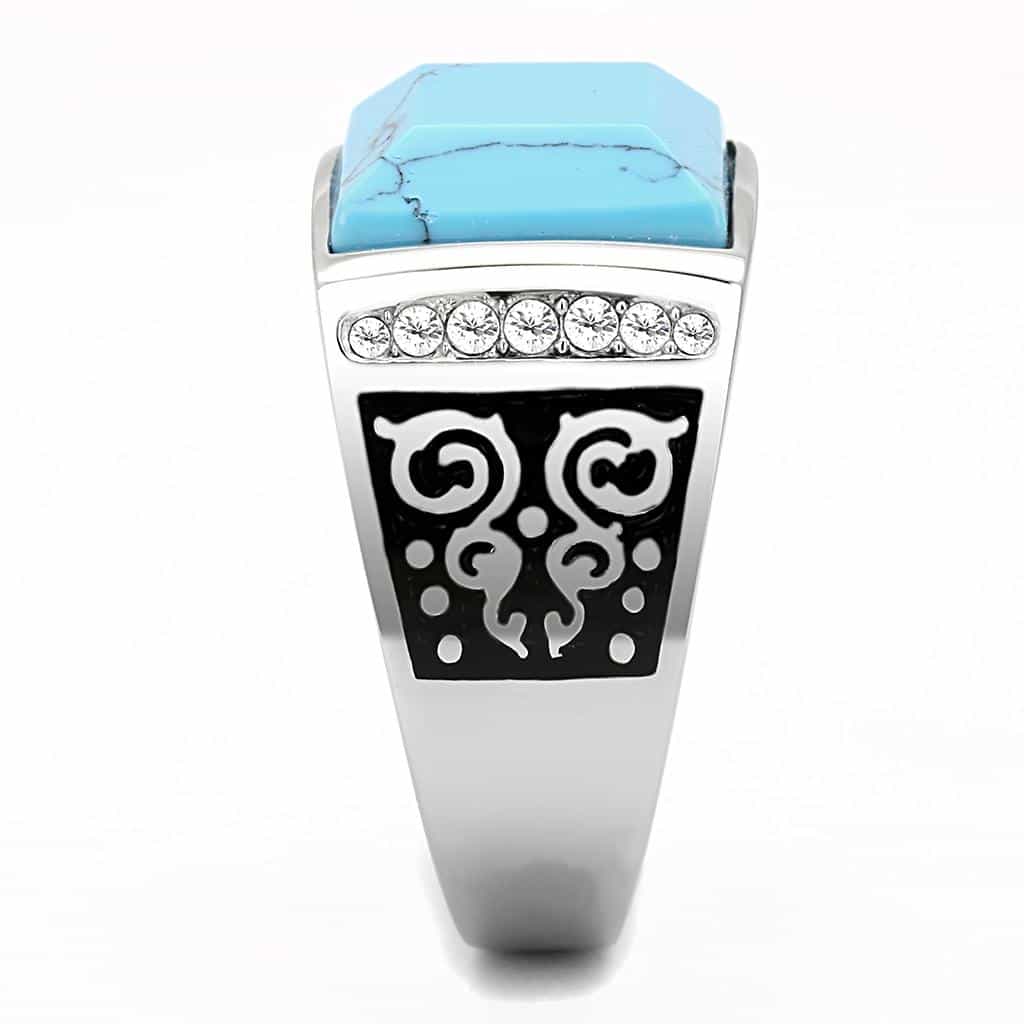 Stainless Steel Turquoise Square Cabochon CZ Scroll Mens Ring view 8