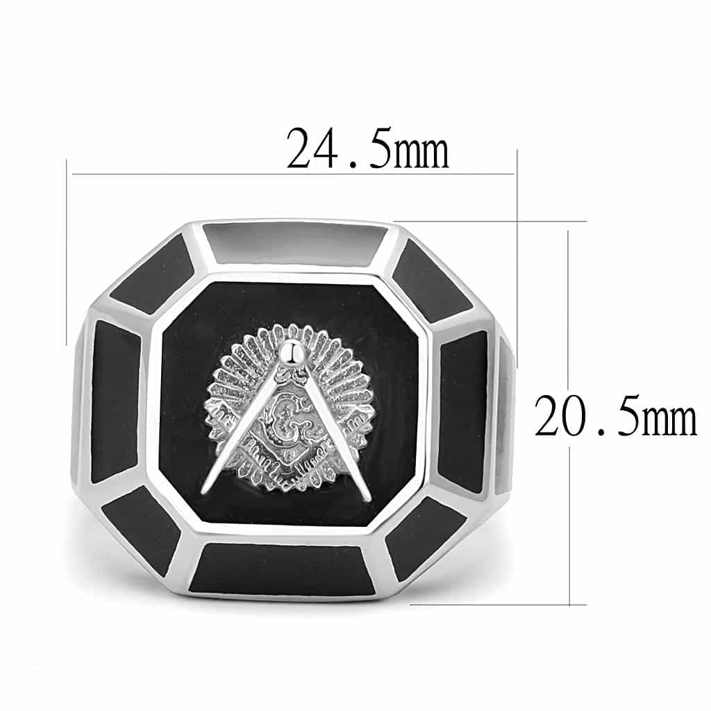 Stainless Steel Silver Black Enamel Masonic Compass Ring view 4
