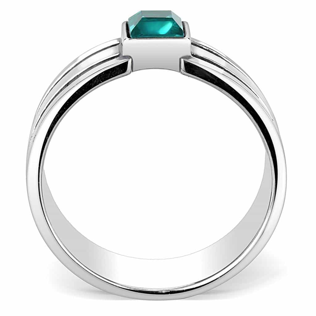 Stainless Steel Aquamarine Princess Square Stripe Band Mens Ring view 6