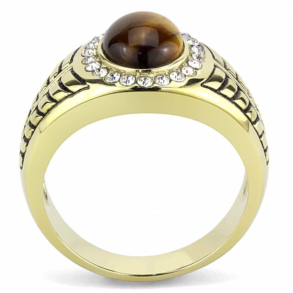 Stainless Steel Gold IP Tiger Eye Round Cabochon CZ Halo Ring view 6
