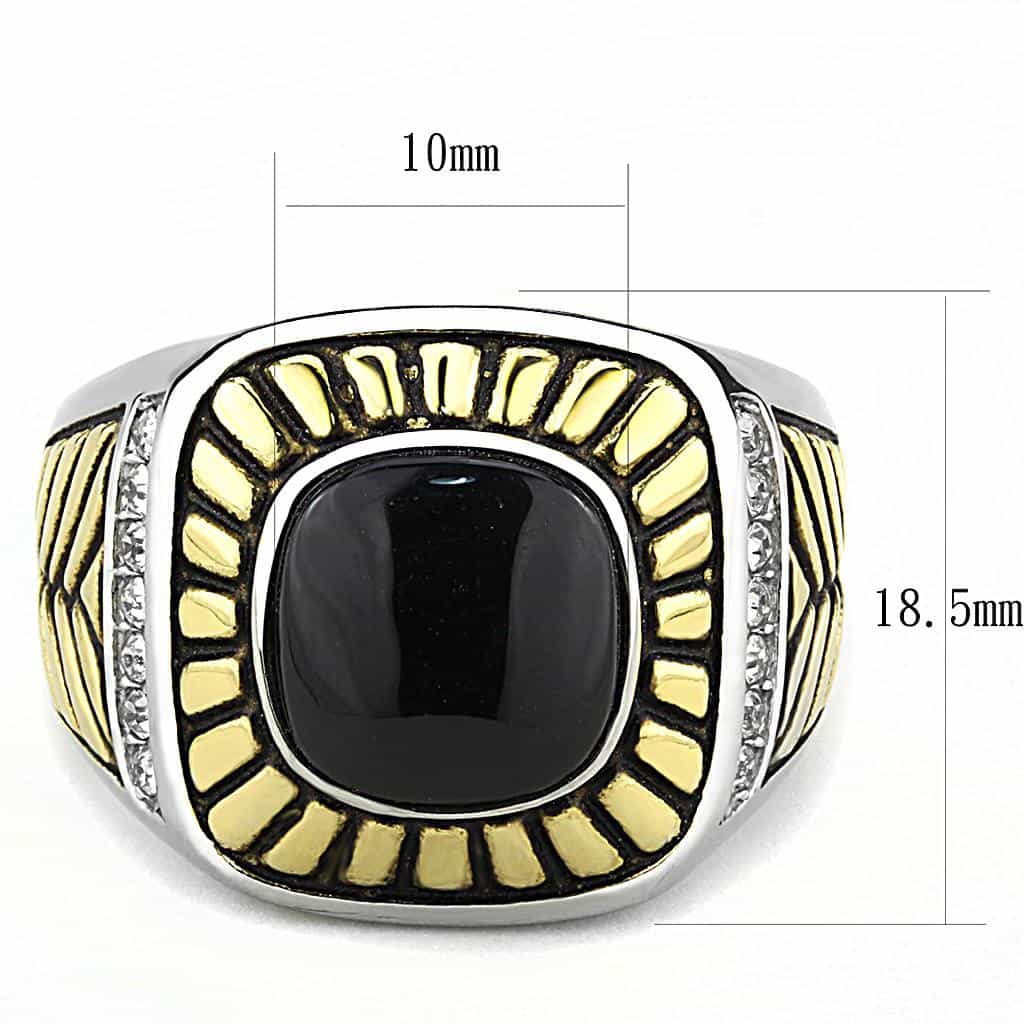 Stainless Steel Two-Tone Gold Black Onyx Cushion Sunray Halo Ring view 4