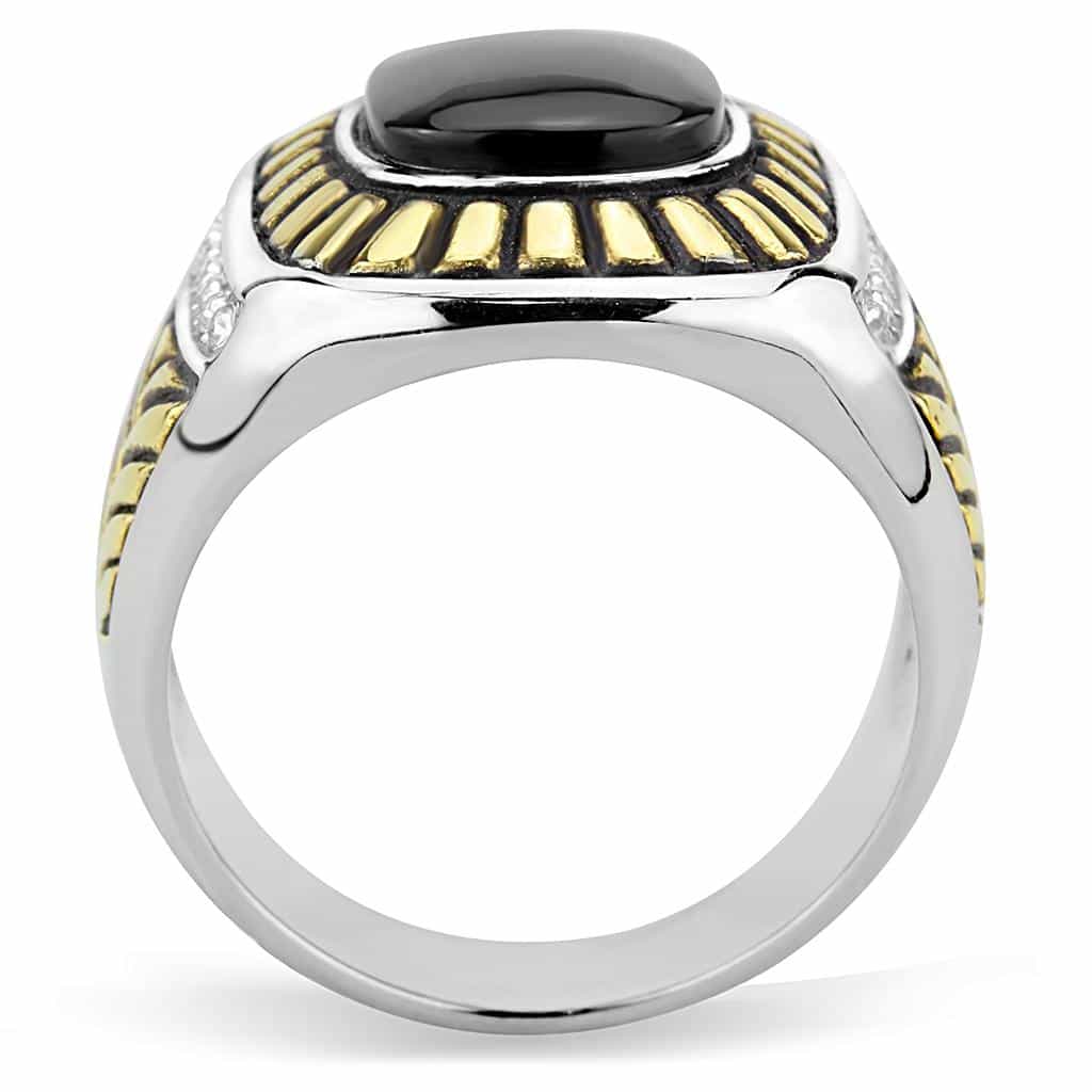 Stainless Steel Two-Tone Gold Black Onyx Cushion Sunray Halo Ring view 6