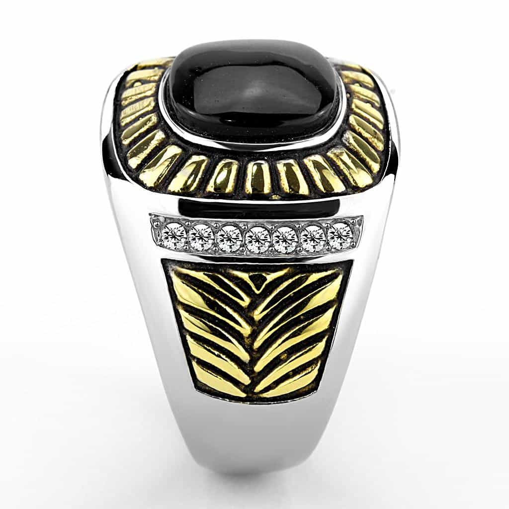 Stainless Steel Two-Tone Gold Black Onyx Cushion Sunray Halo Ring view 8
