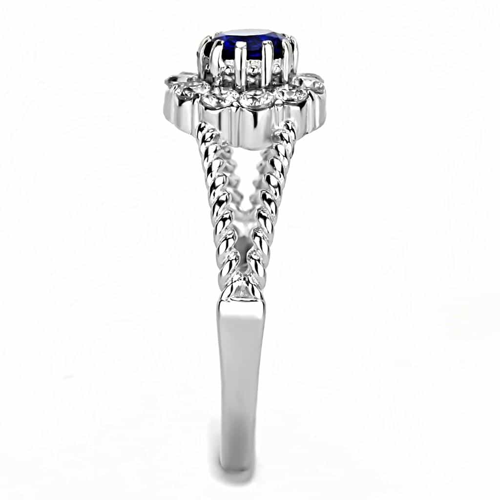 Stainless Steel Blue Sapphire Round CZ Halo Rope Twist Ring view 8