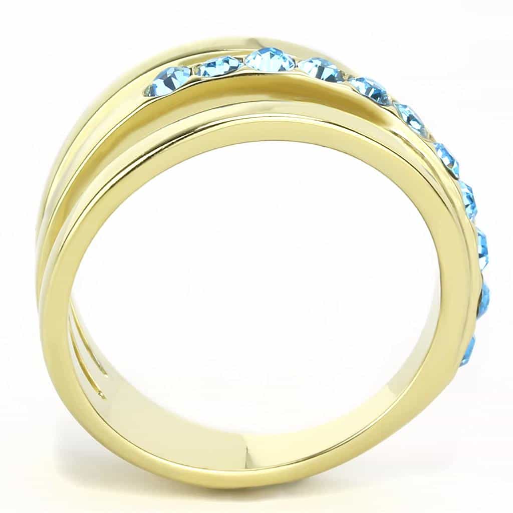 Stainless Steel Gold IP Aquamarine Blue CZ Channel Crossover Ring view 6