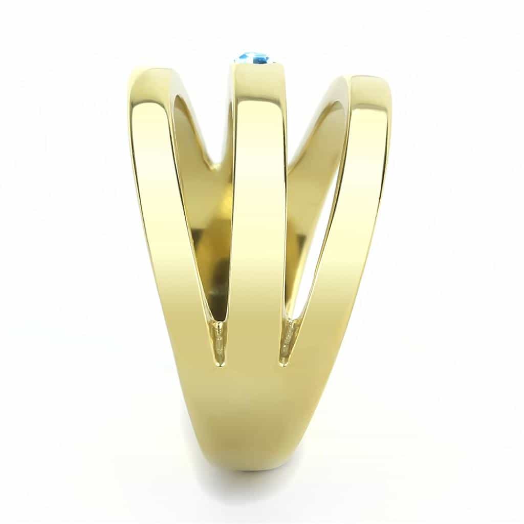 Stainless Steel Gold IP Aquamarine Blue CZ Channel Crossover Ring view 8