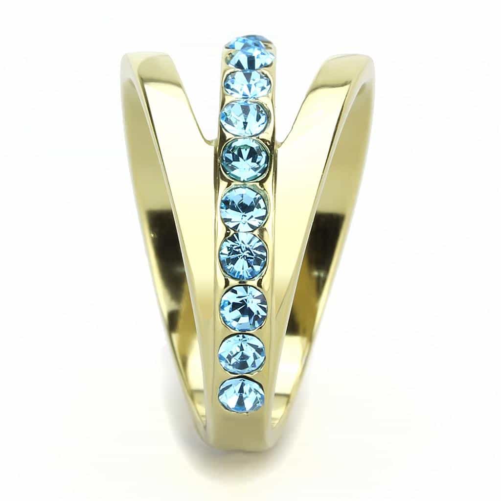 Stainless Steel Gold IP Aquamarine Blue CZ Channel Crossover Ring view 10
