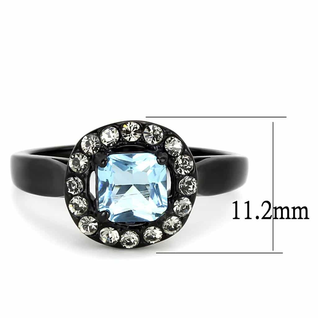 Stainless Steel Black IP Aquamarine Emerald Cut CZ Round Ring view 4