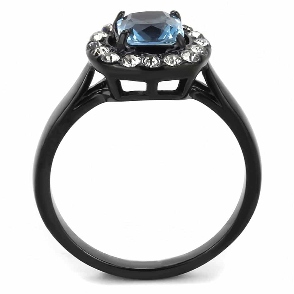 Stainless Steel Black IP Aquamarine Emerald Cut CZ Round Ring view 6