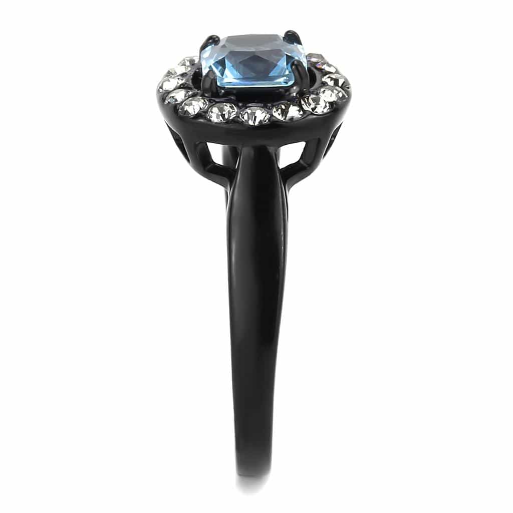 Stainless Steel Black IP Aquamarine Emerald Cut CZ Round Ring view 8
