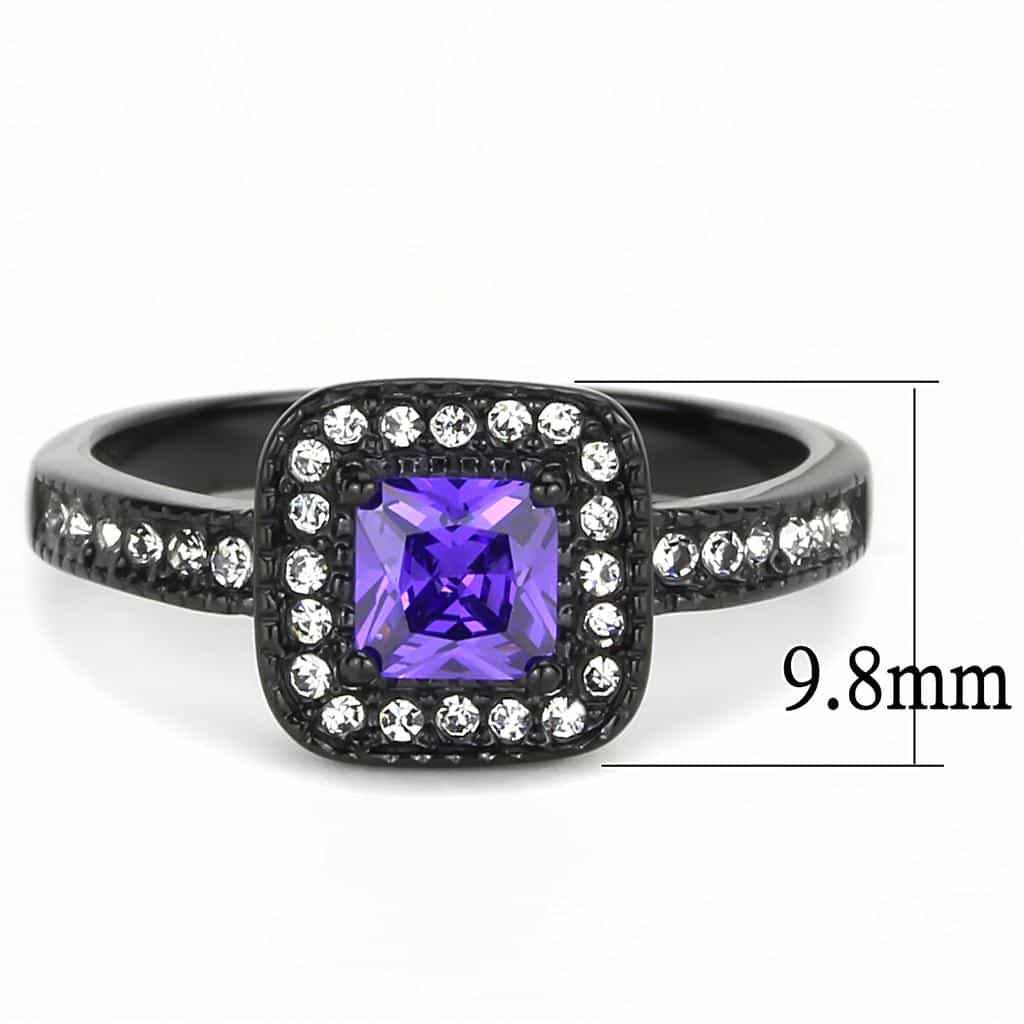 Stainless Steel Black IP Amethyst Princess Square CZ Halo Ring view 4