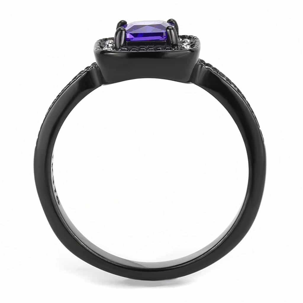 Stainless Steel Black IP Amethyst Princess Square CZ Halo Ring view 6