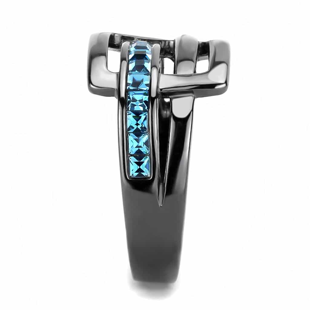 Stainless Steel Black IP Aquamarine Blue CZ Princess Channel Ring view 8