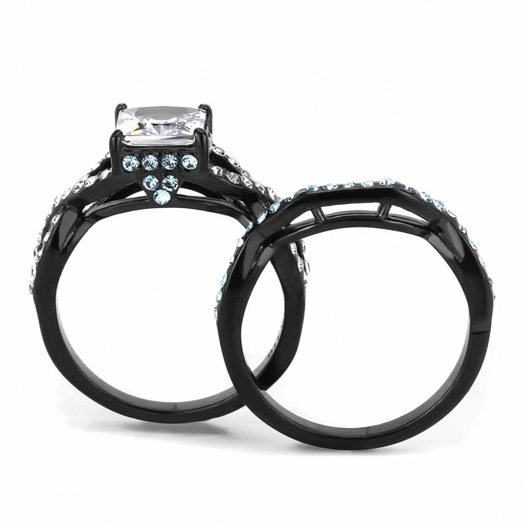 Stainless Steel Black IP CZ Princess Square Pave Aquamarine Ring view 6