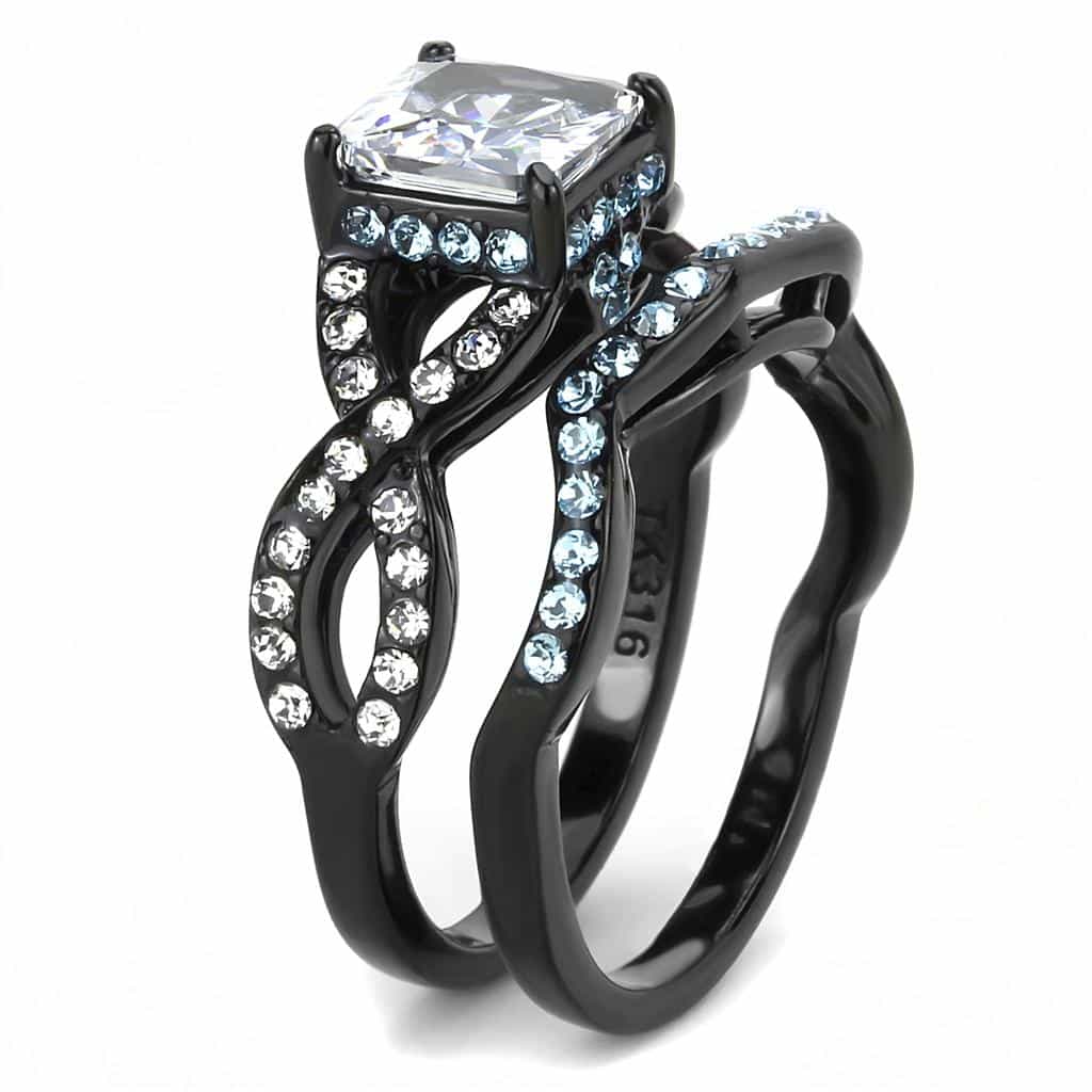 Stainless Steel Black IP CZ Princess Square Pave Aquamarine Ring view 8