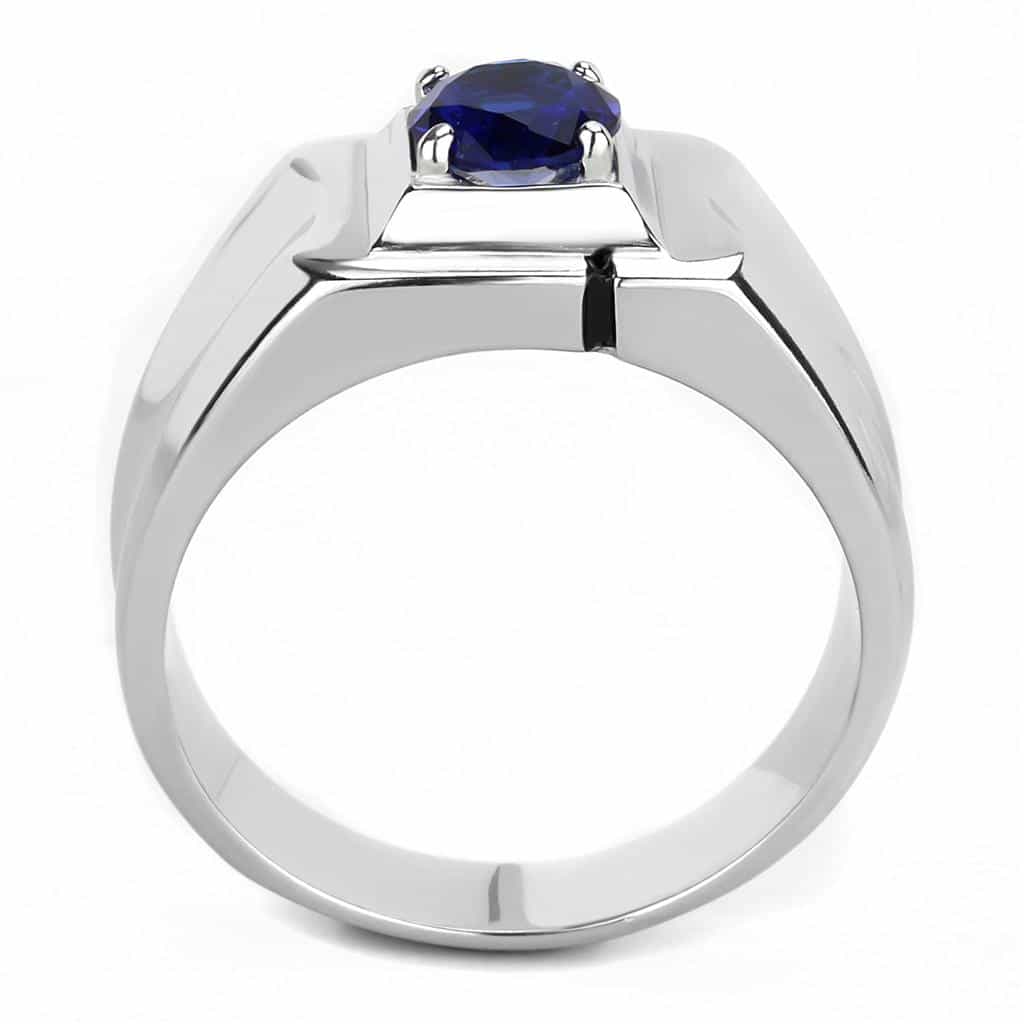Stainless Steel Silver Blue Sapphire Square Polished Wide Ring view 6