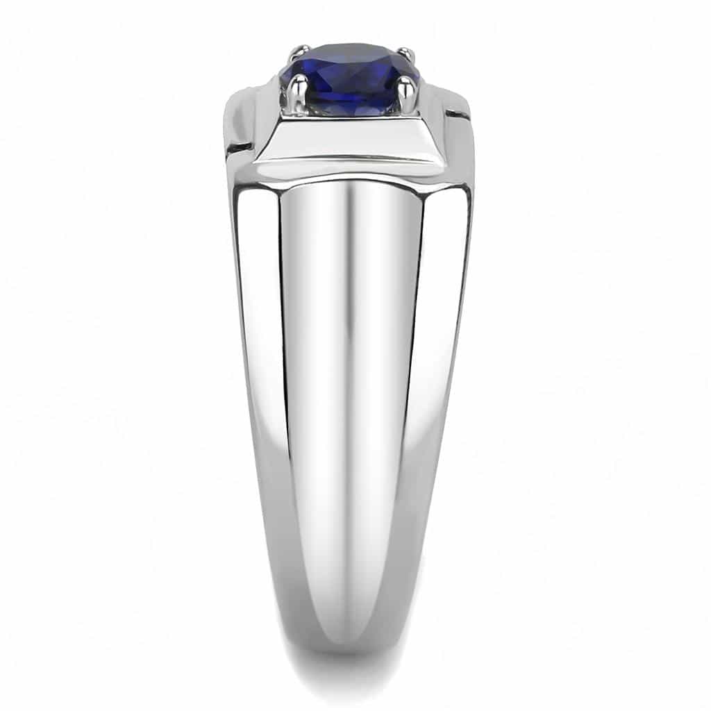 Stainless Steel Silver Blue Sapphire Square Polished Wide Ring view 8