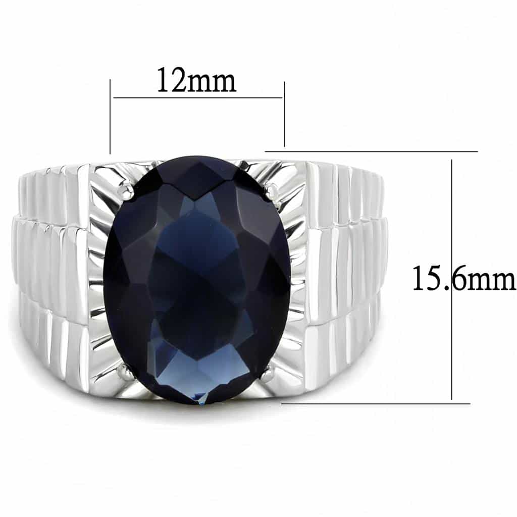 Stainless Steel Silver Blue Sapphire Oval CZ Fluted Ribbed Ring view 4