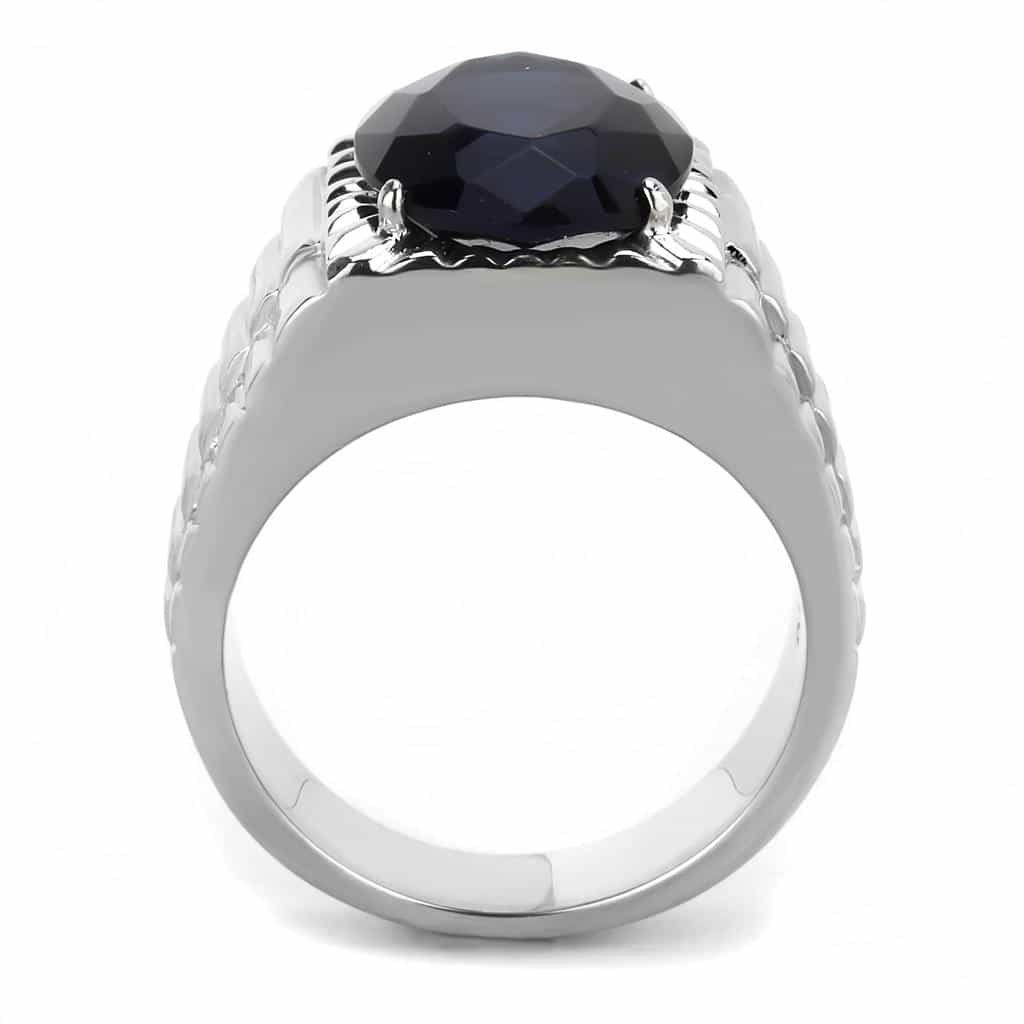 Stainless Steel Silver Blue Sapphire Oval CZ Fluted Ribbed Ring view 6