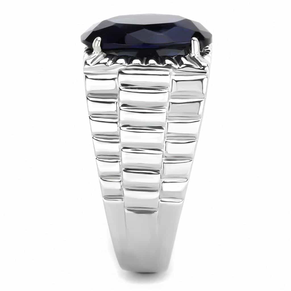 Stainless Steel Silver Blue Sapphire Oval CZ Fluted Ribbed Ring view 8