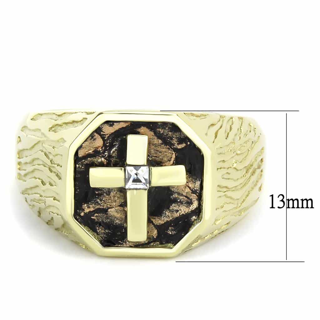 Stainless Steel Gold IP Brown Enamel Cross Crusader Shield Ring view 4