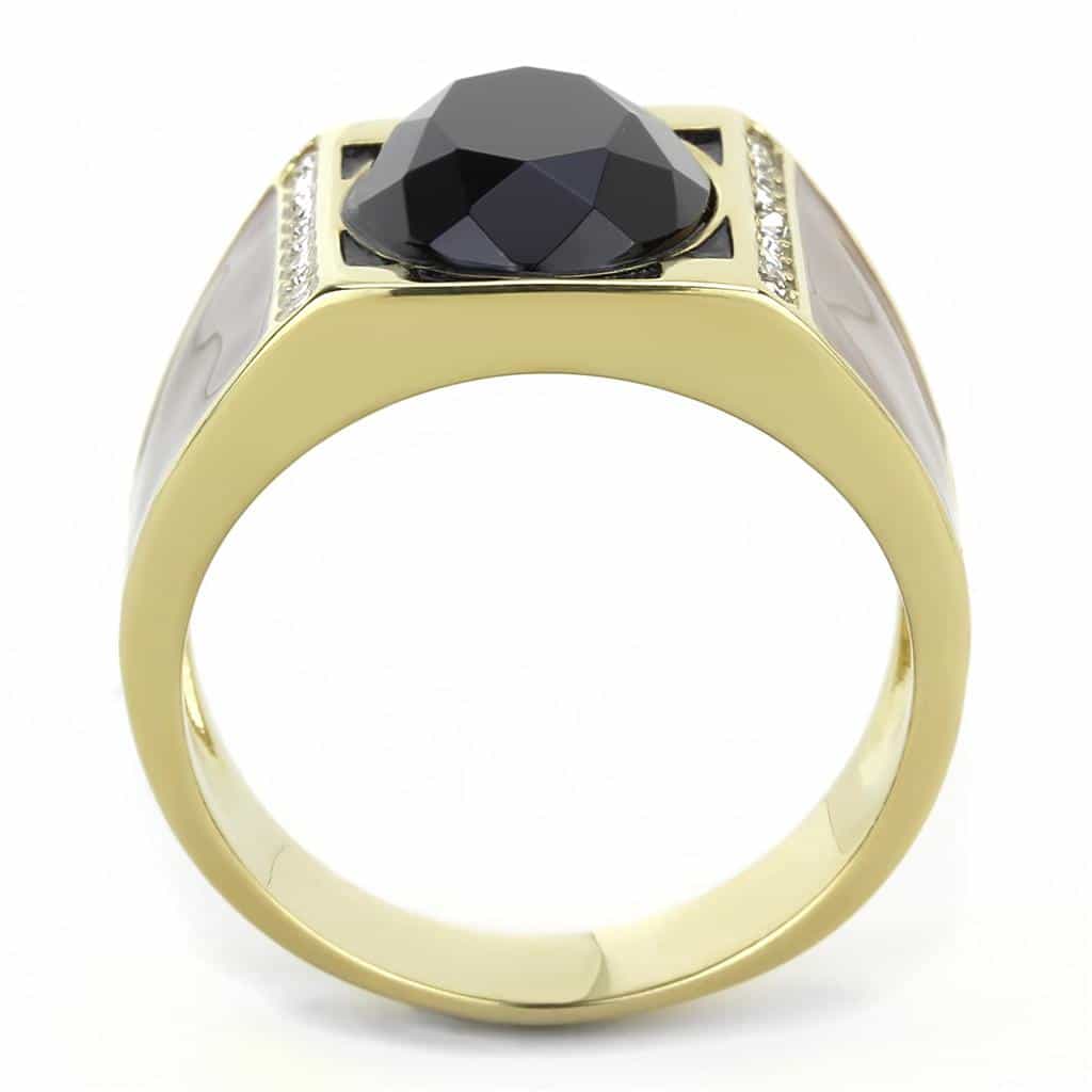 Stainless Steel Gold IP Black Onyx Oval Faceted CZ Channel Ring view 6