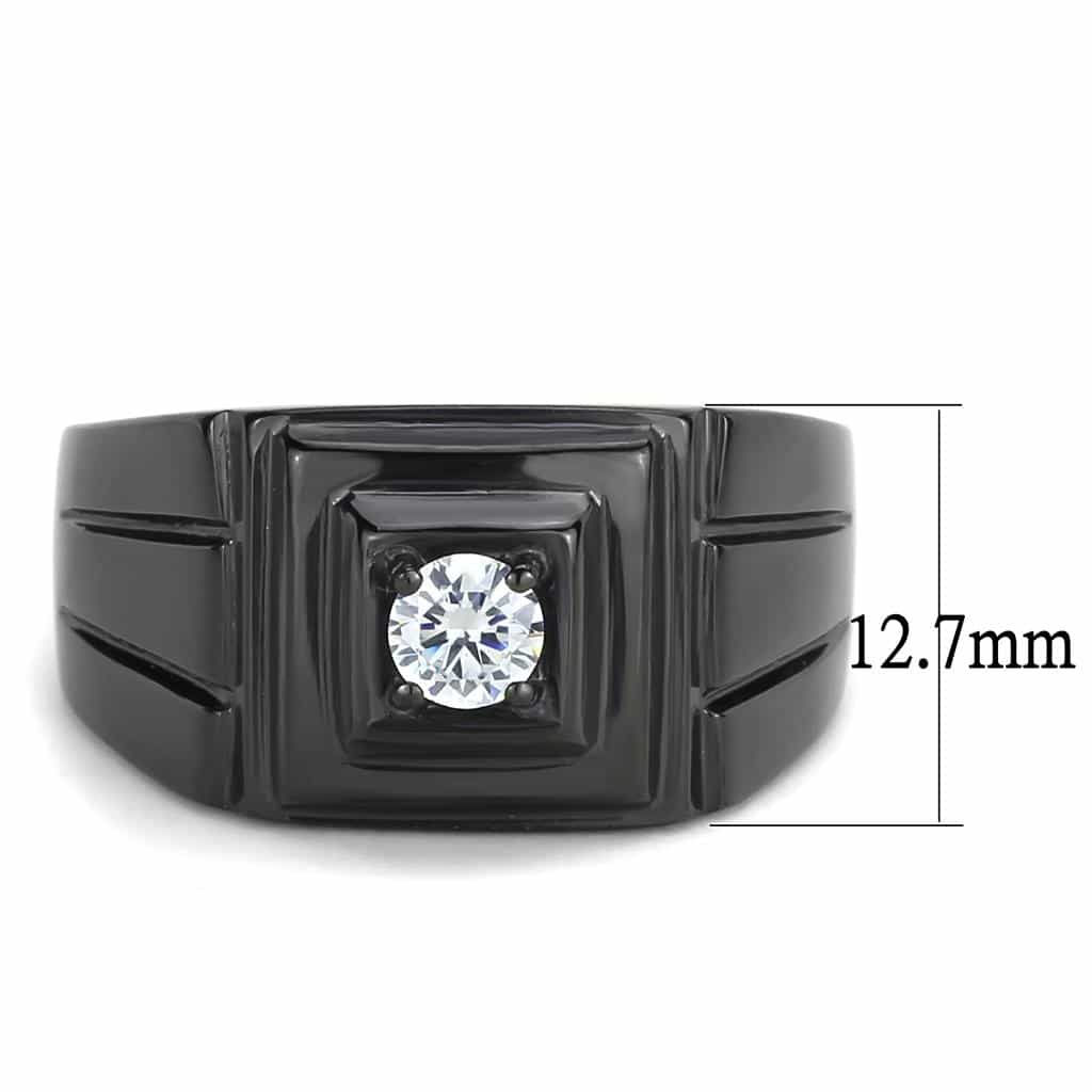Stainless Steel Black IP CZ Round Square Bezel Polished Mens Ring view 4