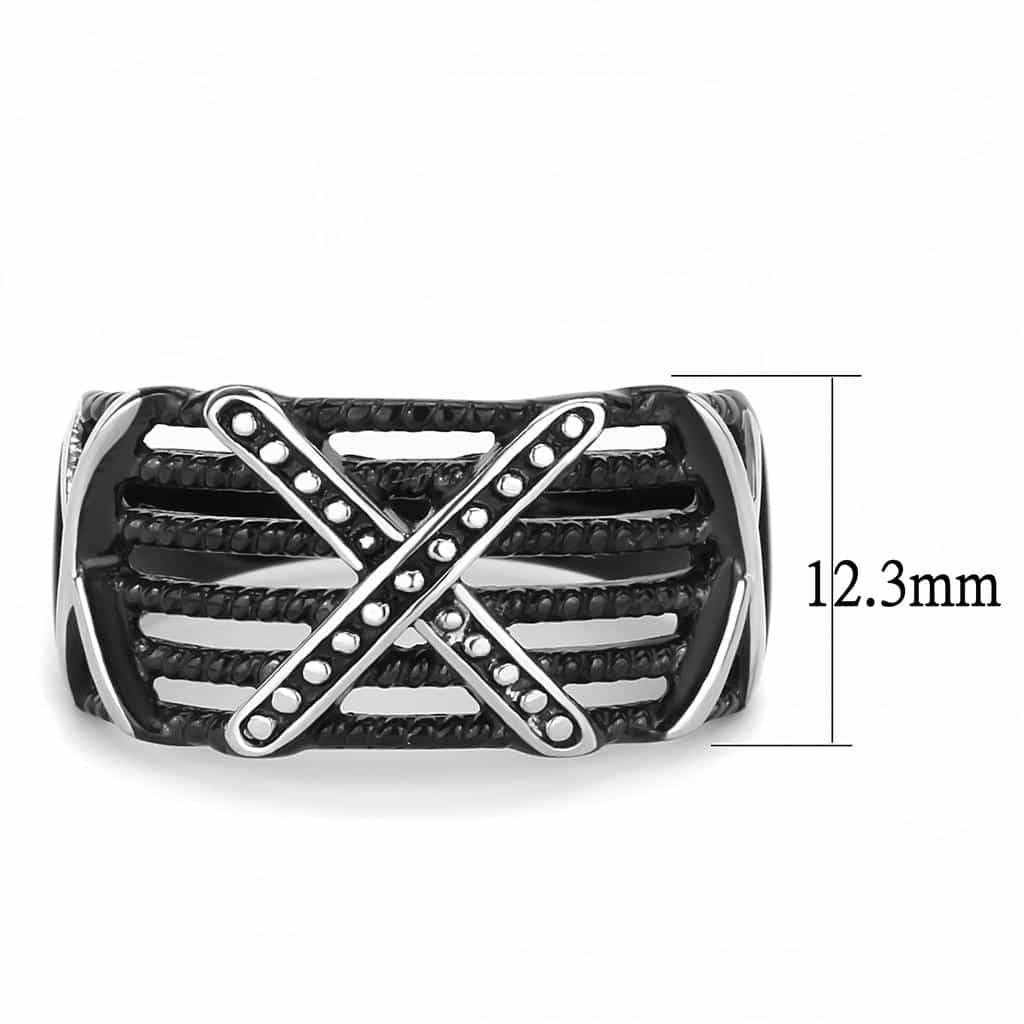 Stainless Steel Black IP Silver CZ Pave Rope Cable Crossover Ring view 4