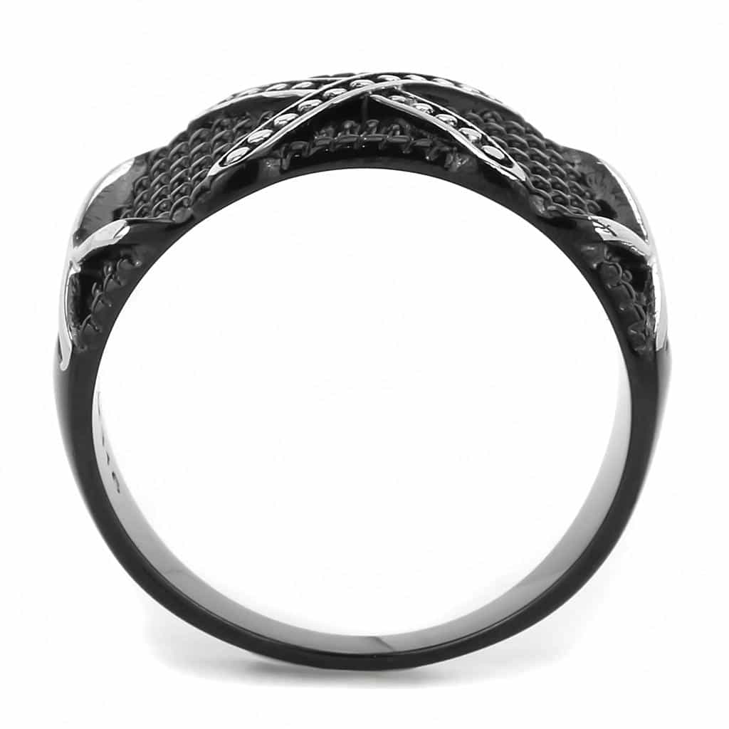 Stainless Steel Black IP Silver CZ Pave Rope Cable Crossover Ring view 6