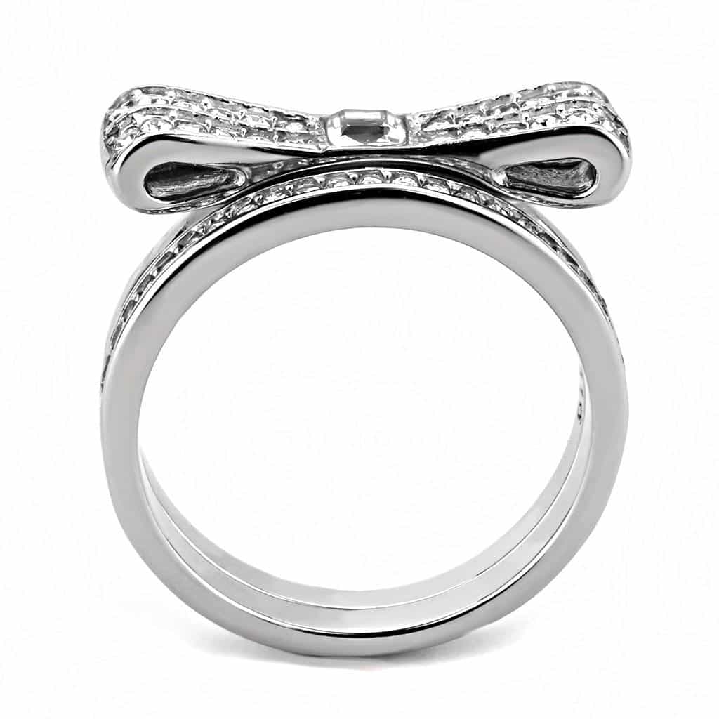 Stainless Steel CZ Baguette Princess Pave Bow Ribbon Ring view 6
