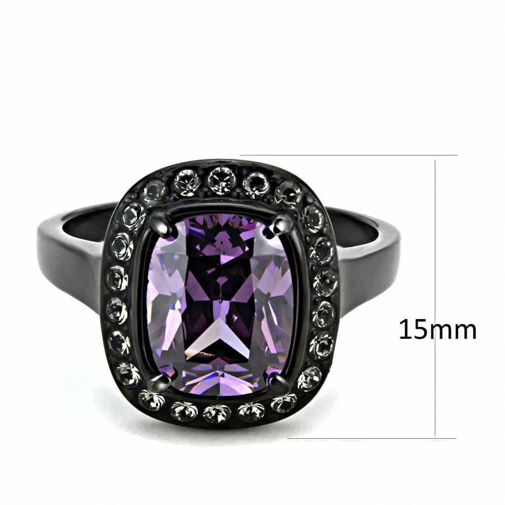 Stainless Steel Black IP Light Amethyst Cushion CZ Halo Ring view 4