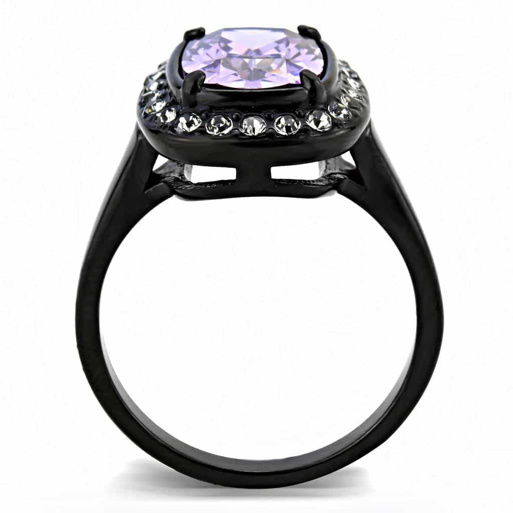 Stainless Steel Black IP Light Amethyst Cushion CZ Halo Ring view 6