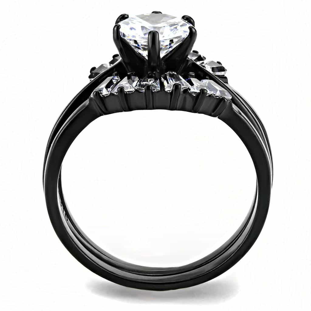 Stainless Steel Black IP CZ Round Baguette Accent Bridal Ring view 6