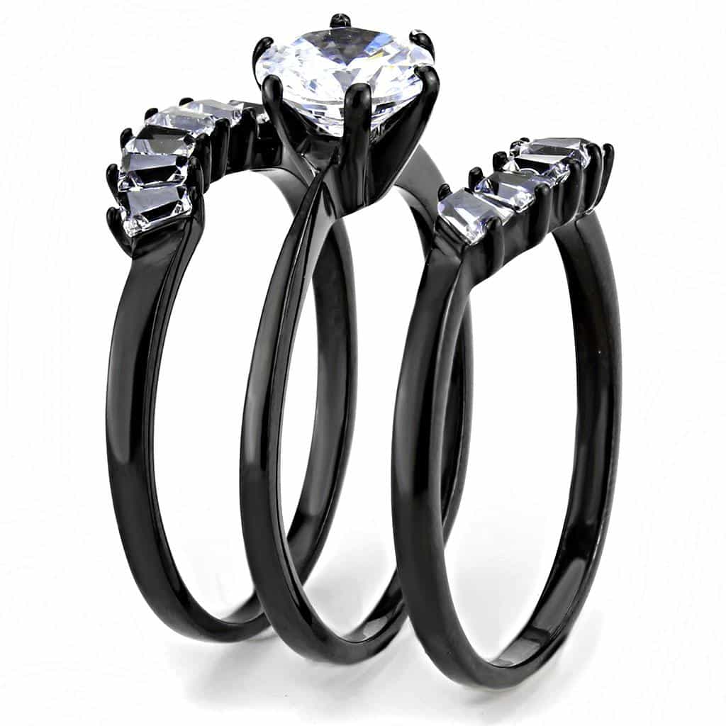 Stainless Steel Black IP CZ Round Baguette Accent Bridal Ring view 8