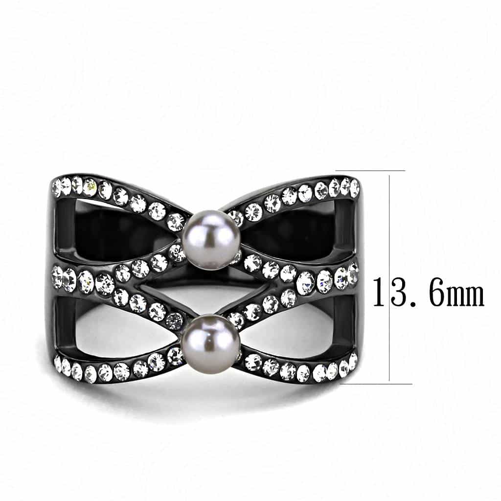 Stainless Steel Black IP Gray Pearl CZ Pave Cutout Crown Ring view 4