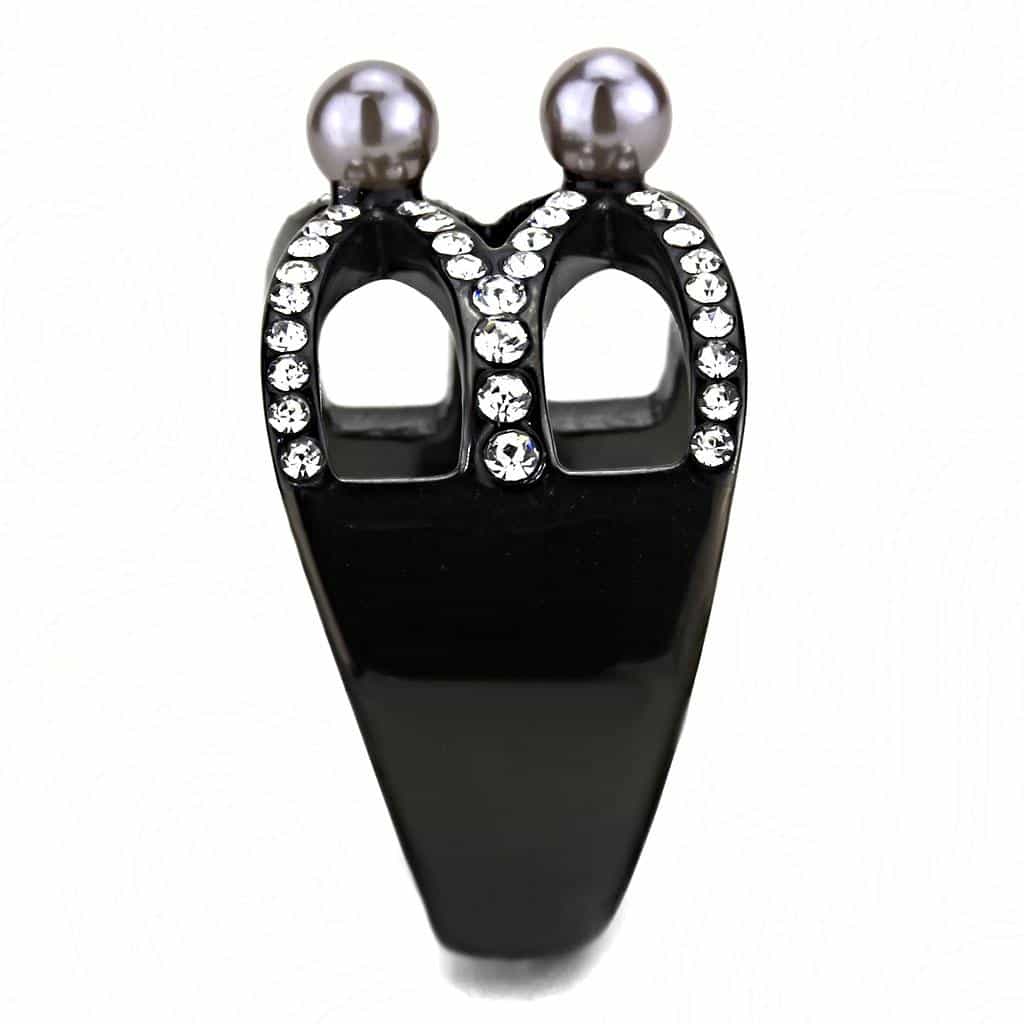 Stainless Steel Black IP Gray Pearl CZ Pave Cutout Crown Ring view 8