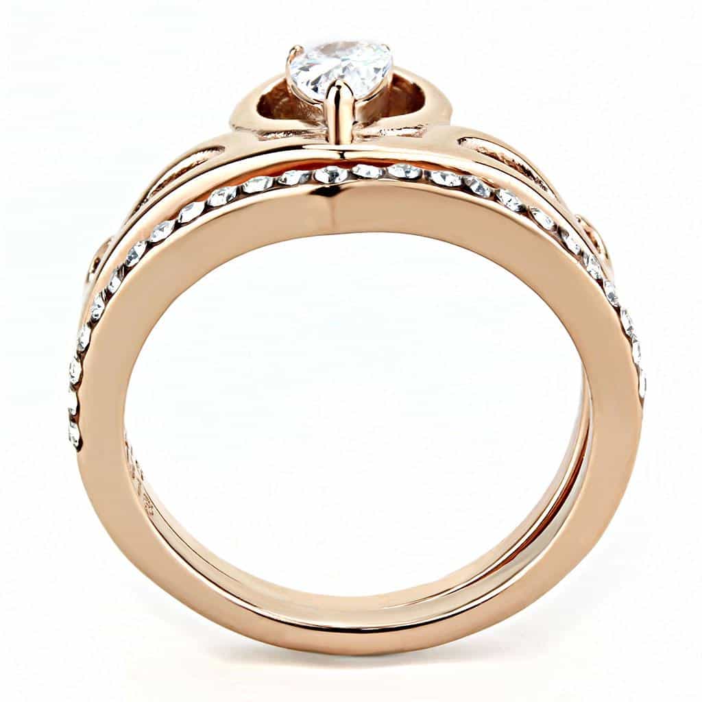 Stainless Steel Rose Gold IP CZ Heart Double Crown Pave Ring view 6