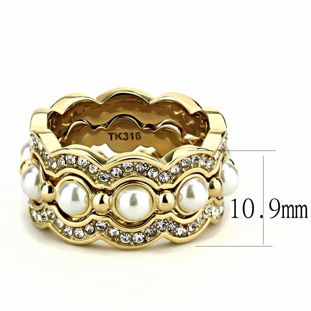 Stainless Steel Gold IP Pearl CZ Pave Scallop Wave Eternity Ring view 4