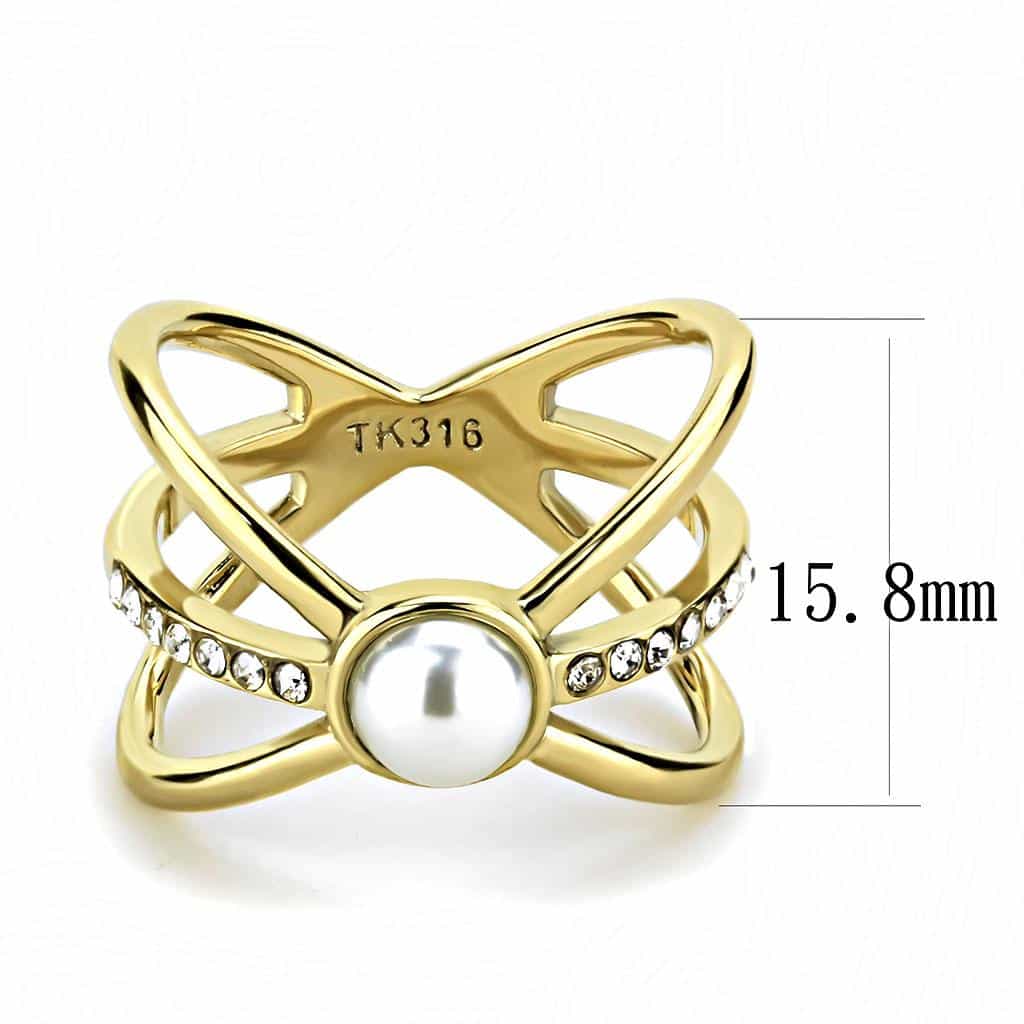 Stainless Steel Gold IP Pearl CZ Pave X Crossover Open Ring view 4