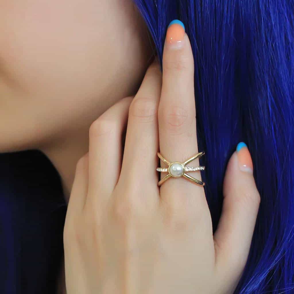 Stainless Steel Gold IP Pearl CZ Pave X Crossover Open Ring view 10