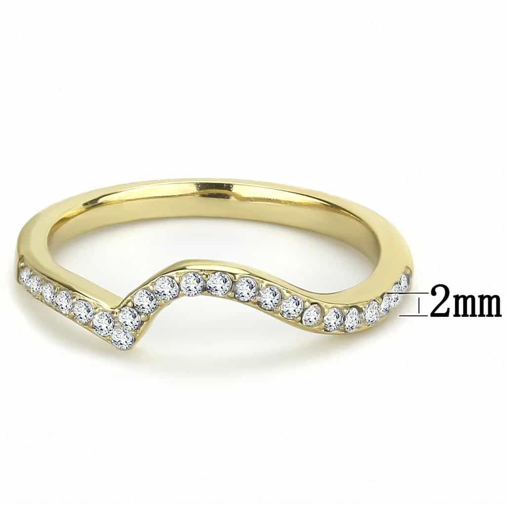Stainless Steel Gold IP CZ Pave Curved Chevron V Band Ring view 4