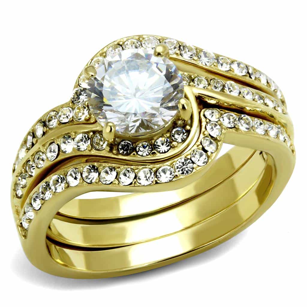 Stainless Steel Gold IP CZ Pave Curved Chevron V Band Ring view 10
