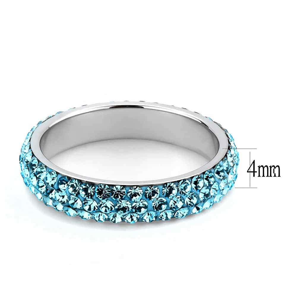 Stainless Steel Silver Aquamarine Crystal Pave Dome Eternity Ring view 4
