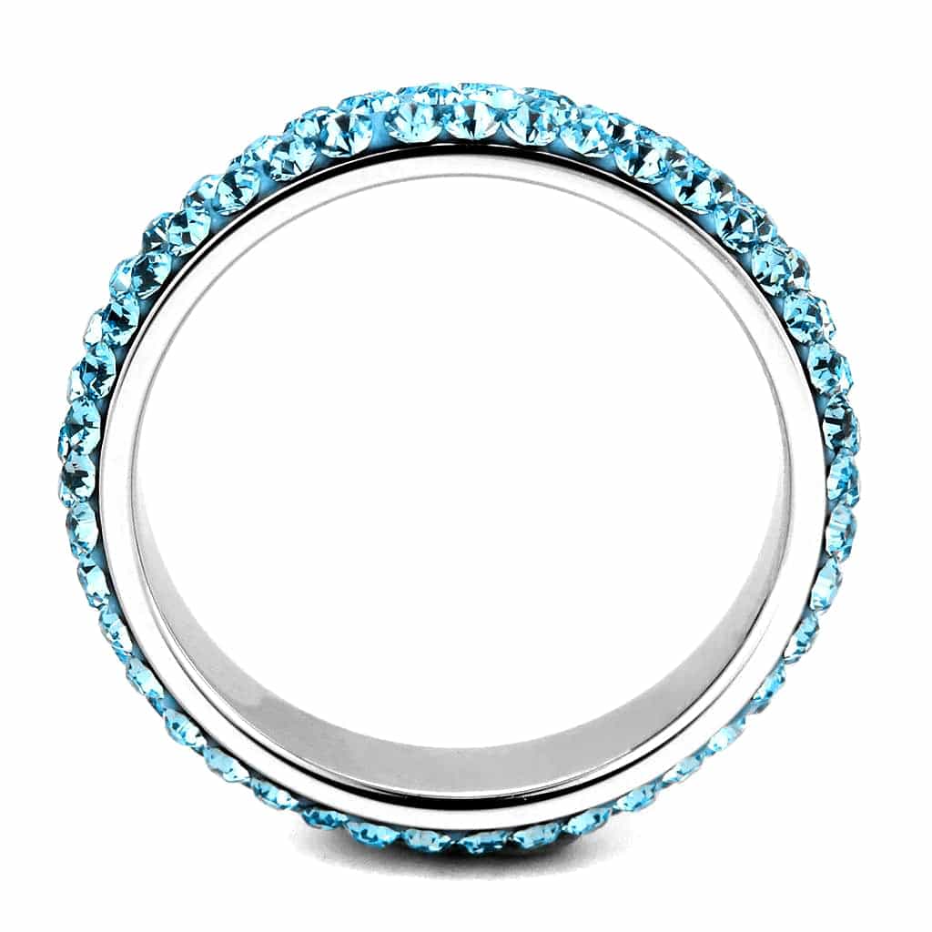 Stainless Steel Silver Aquamarine Crystal Pave Dome Eternity Ring view 6