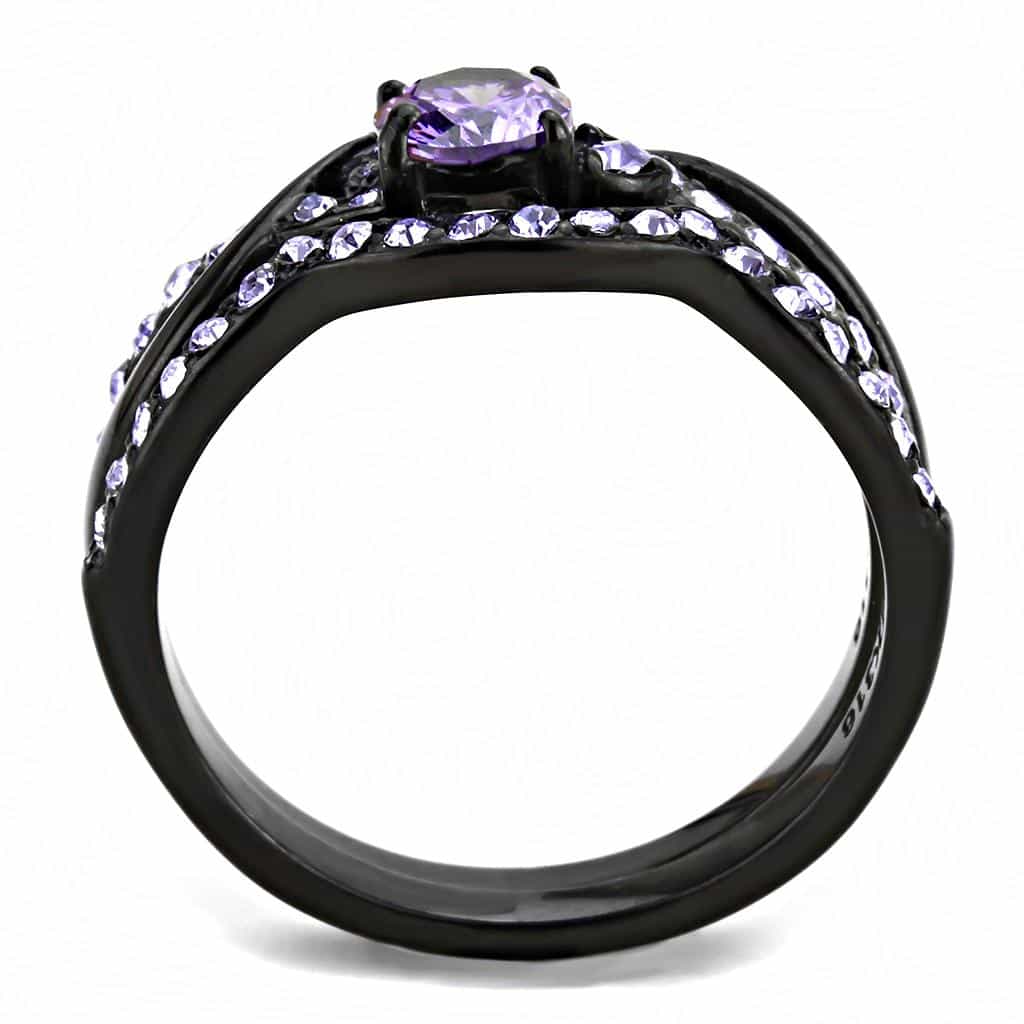 Stainless Steel Black IP Light Amethyst CZ Round Pave Swirl Ring view 6